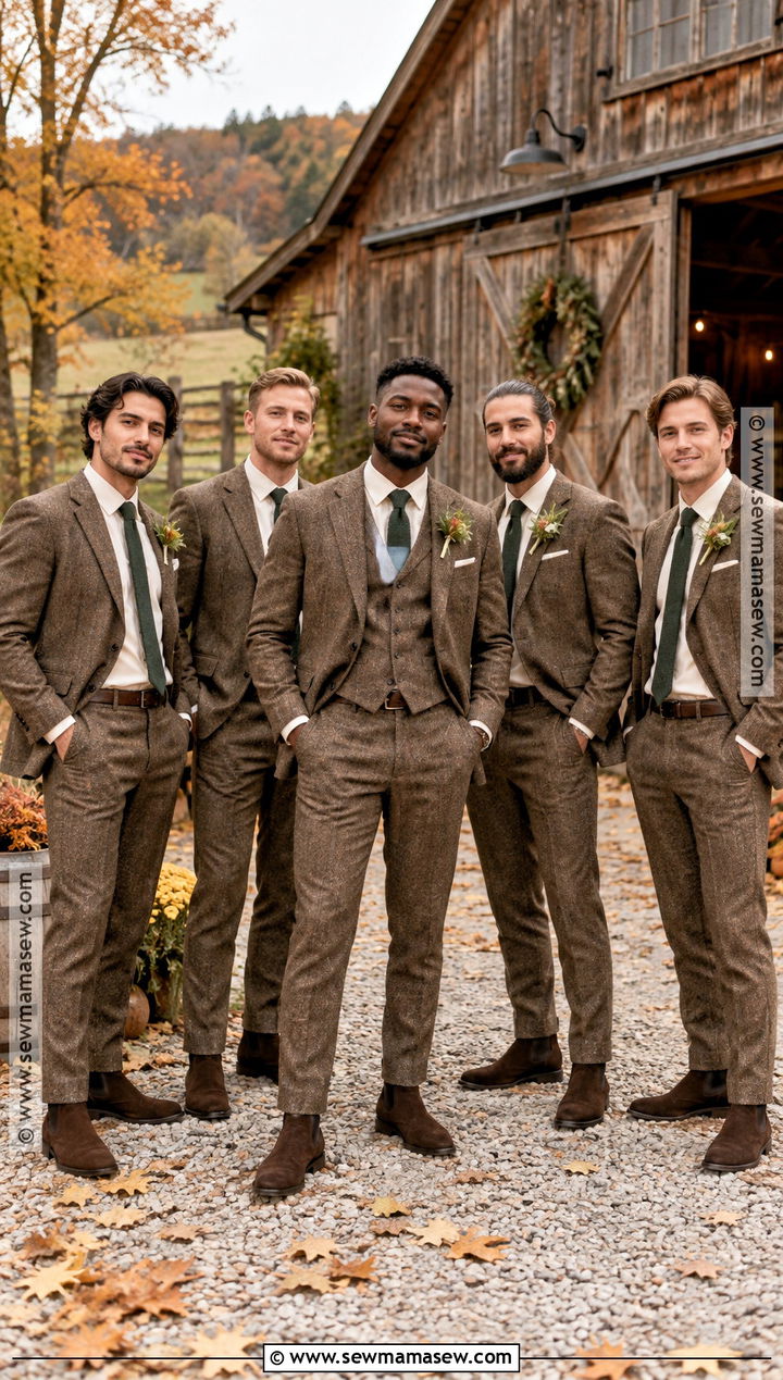 Brown Tweed Suit With Suede Boots - 20 fall groomsmen attire rustic ideas