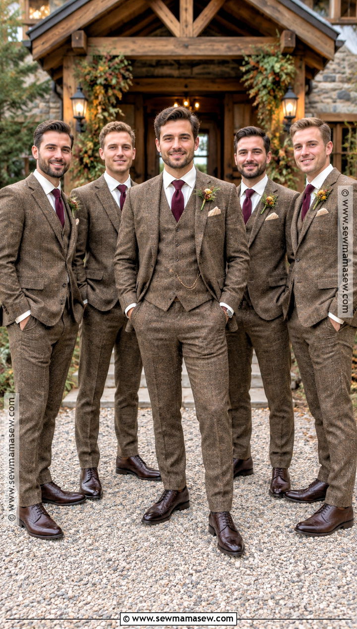 Brown Tweed Suits With Cream Shirts - 15 september wedding groomsmen groom attire ideas