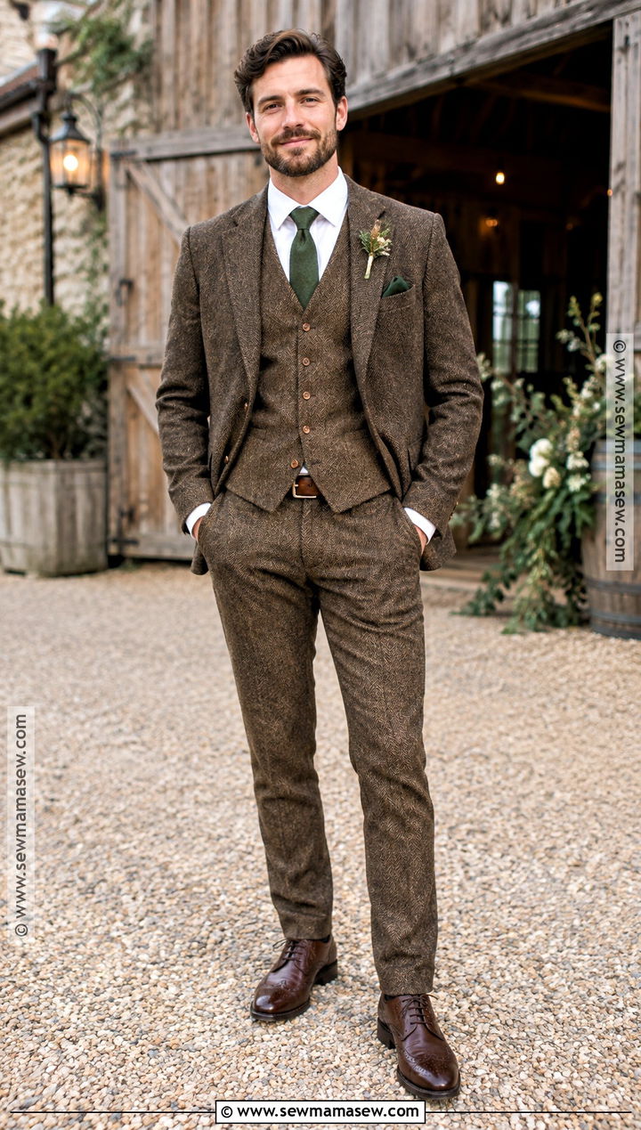 Brown Tweed Three Piece Fall Groom Attire - 15 fall groom attire rustic ideas