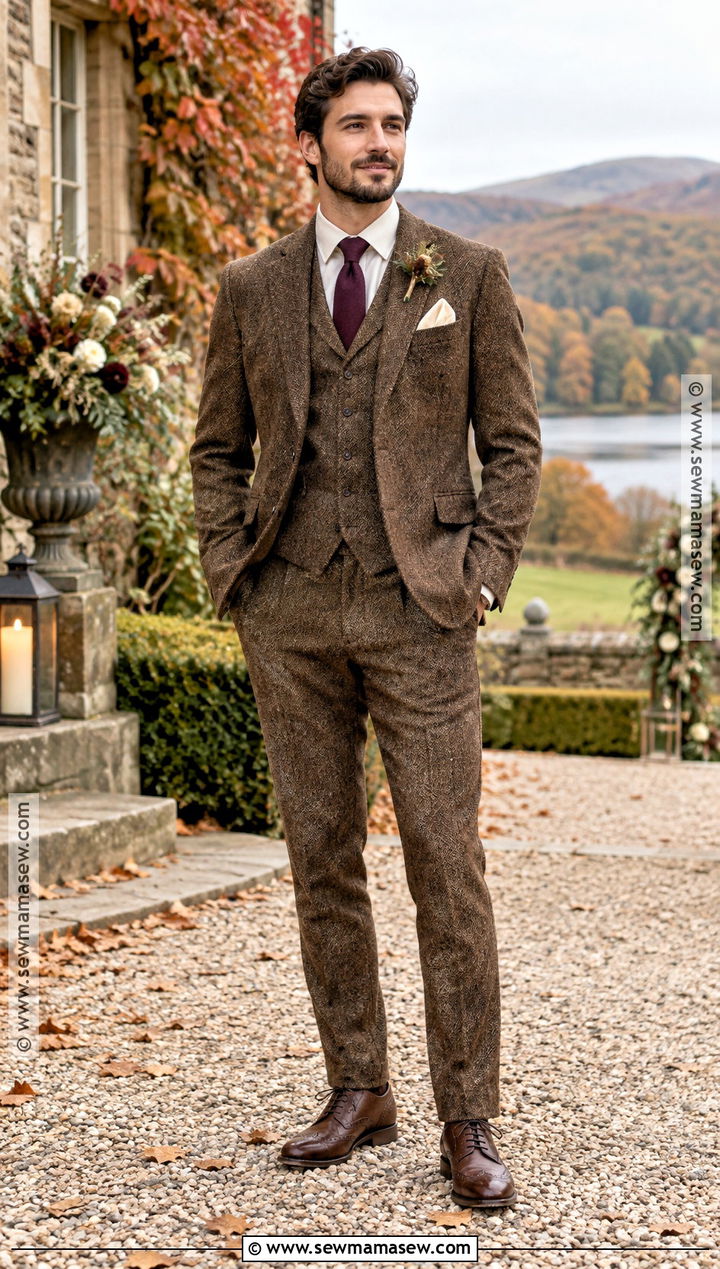 Brown Tweed Three Piece Fall Groom Outfit - 15 fall groom outfit ideas