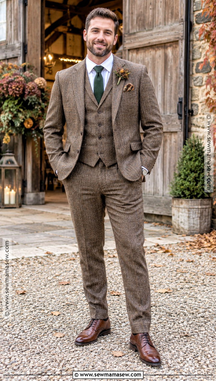 Brown Tweed Three Piece Groom Attire - 15 october wedding groom attire ideas