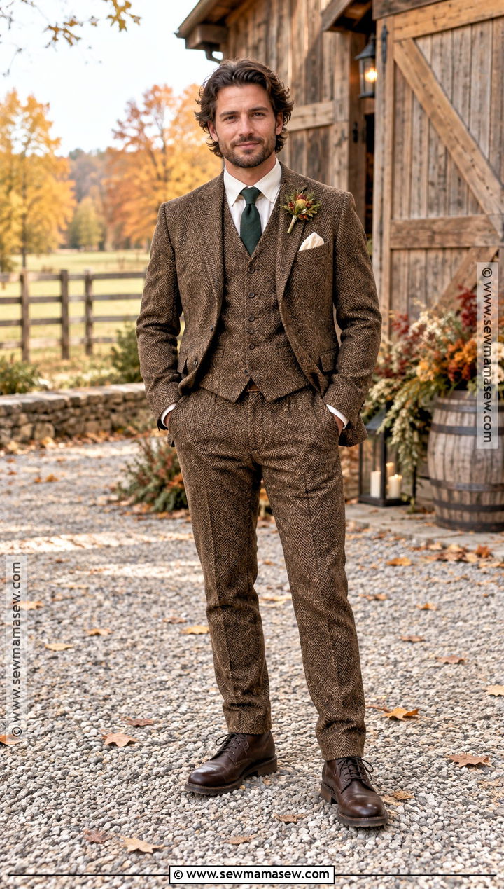 Brown Tweed Three Piece Groom Attire - 15 fall country wedding groom attire ideas