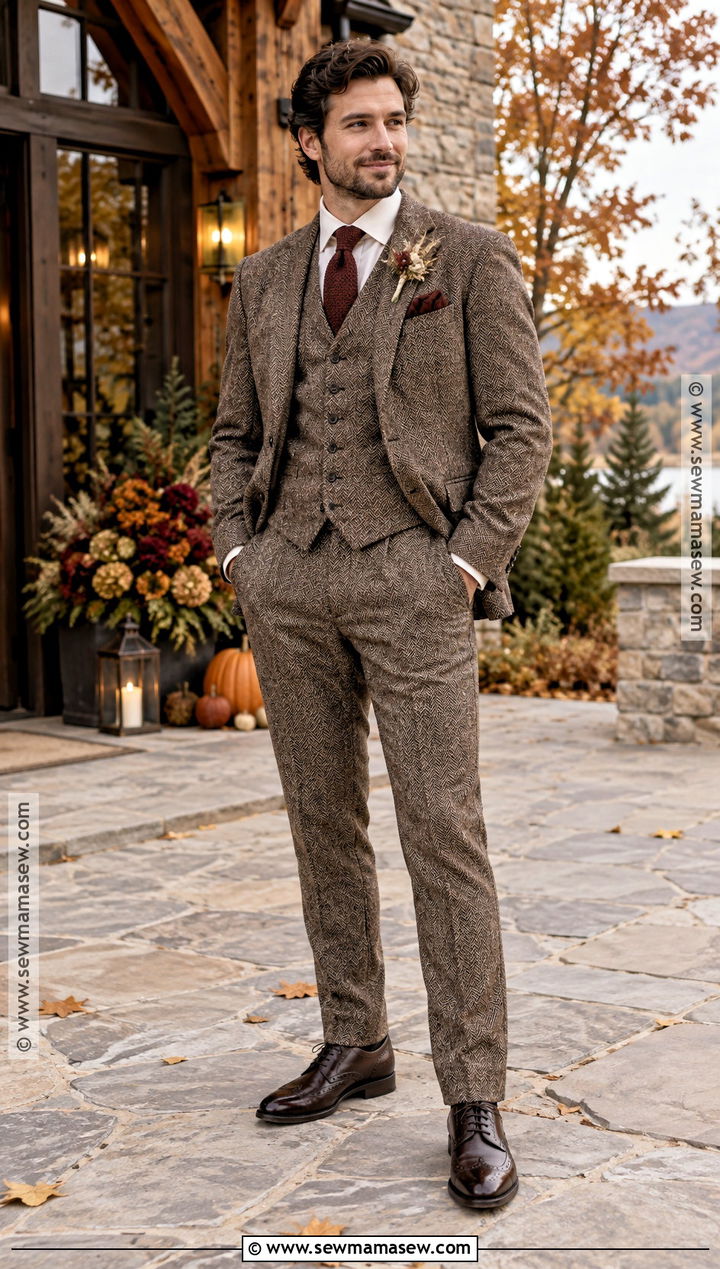 Brown Tweed Three Piece Groom Outfit - 15 groom style fall wedding ideas