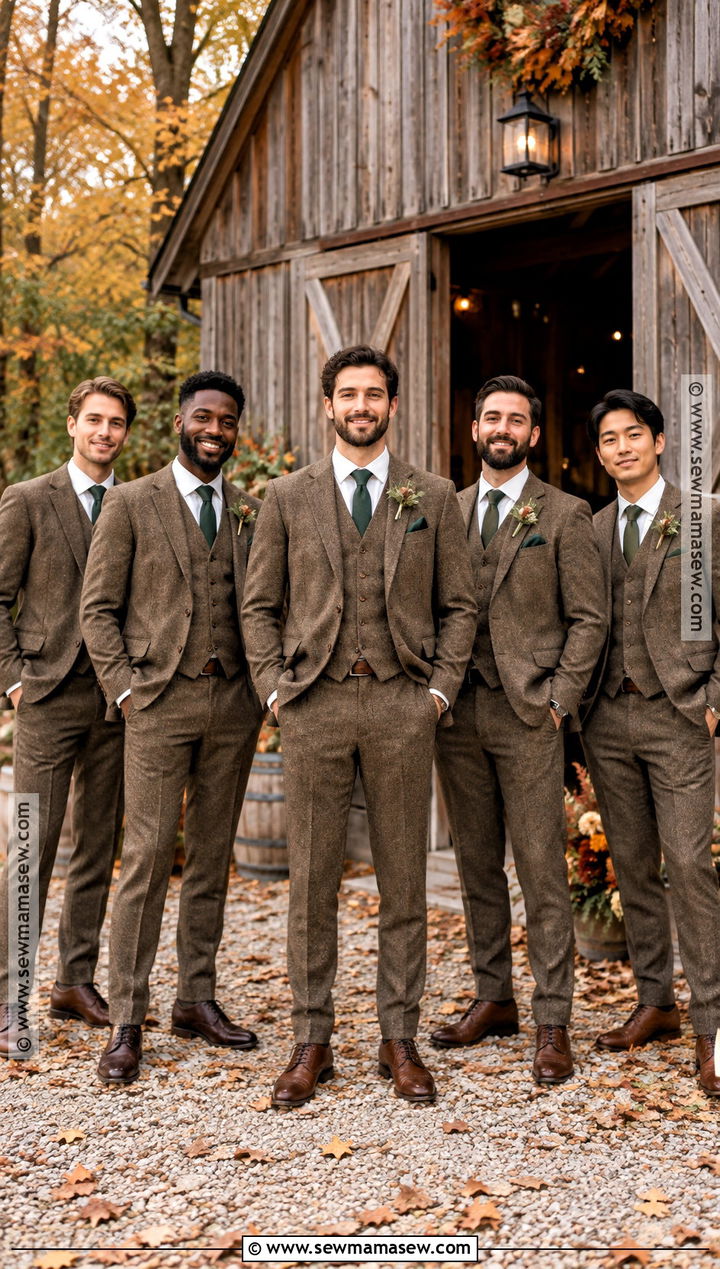 Brown Tweed Three Piece Groomsmen Attire - 15 fall wedding groomsmen attire rustic ideas