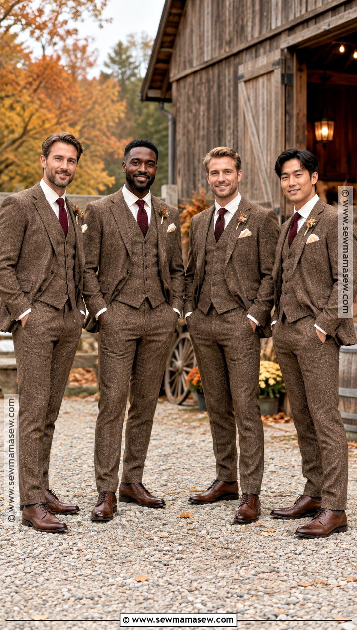 Brown Tweed Three Piece Groomsmen Attire - 15 groomsmen fall attire ideas