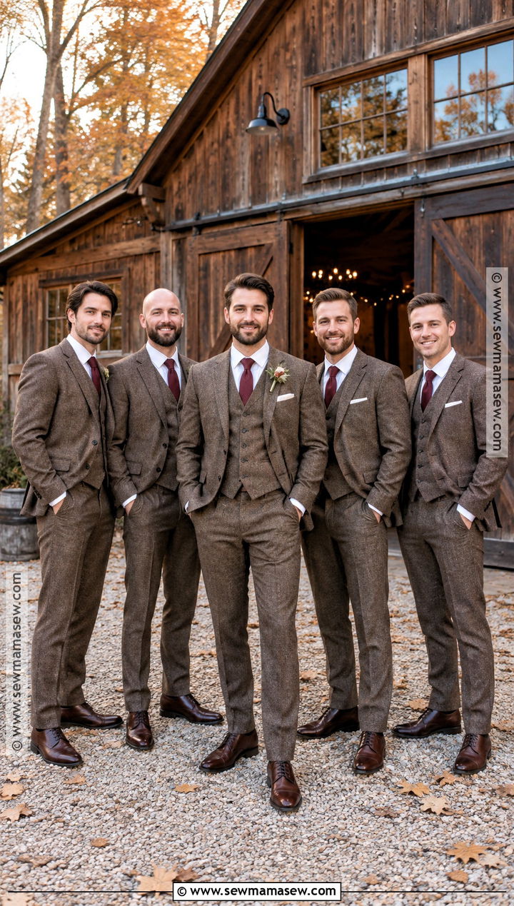 Brown Tweed Three Piece Groomsmen Attire - 25 fall wedding groomsmen attire ideas