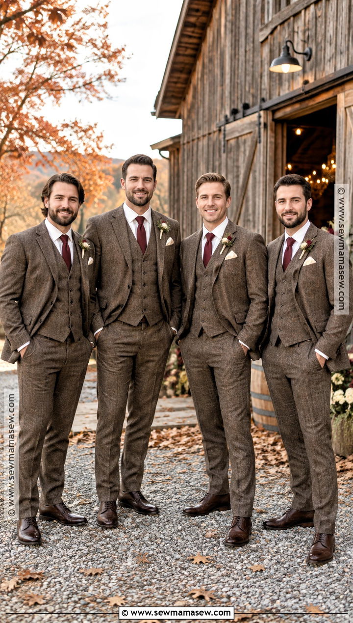Brown Tweed Three Piece Groomsmen Attire - 15 country fall wedding groomsmen attire ideas
