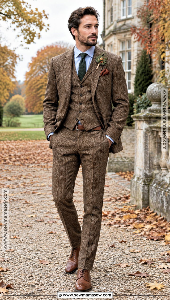 Brown Tweed Three Piece October Groom Attire - 15 october groom attire ideas