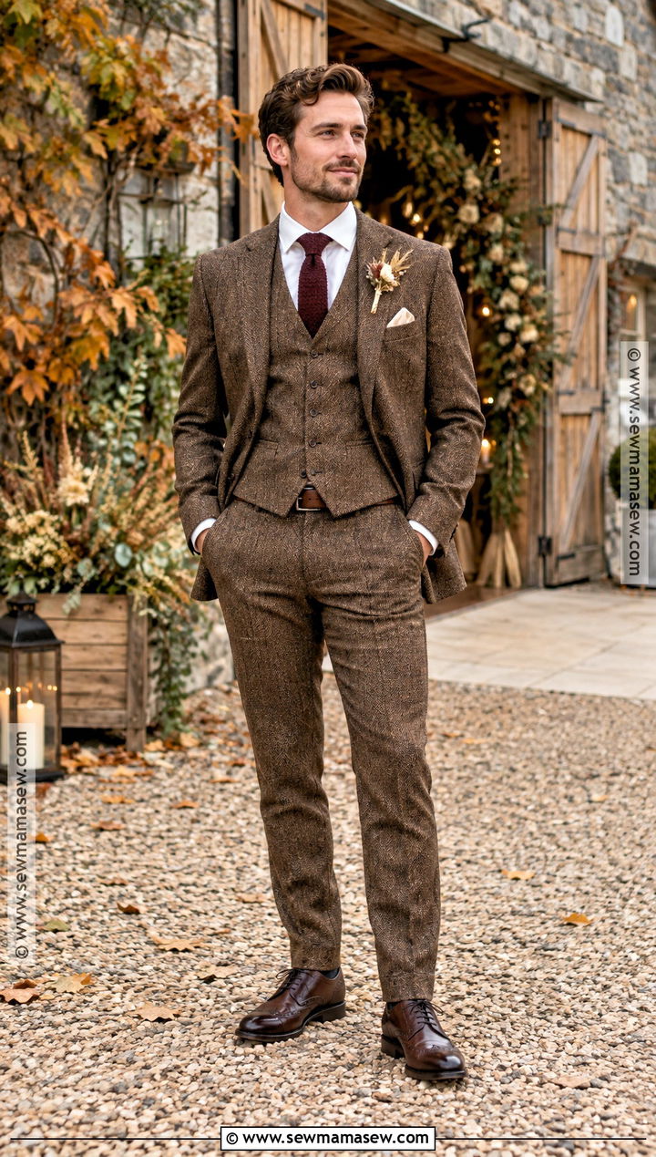 Brown Tweed Three Piece Suit Groom Attire - 25 fall wedding groom attire ideas