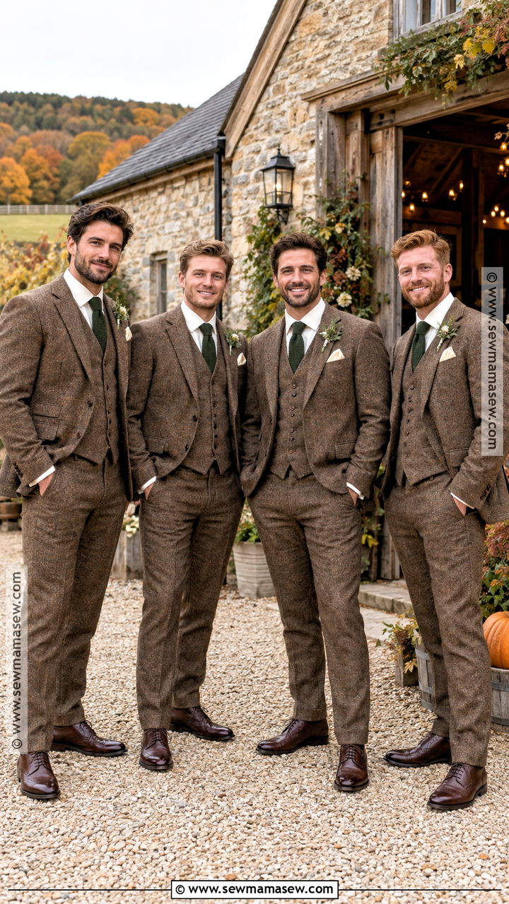 Brown Tweed Three Piece Suit - 20 groomsmen fall wedding attire ideas