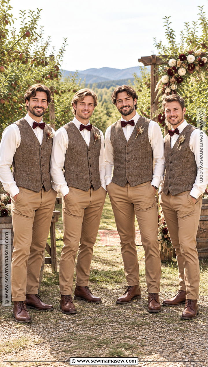 Brown Tweed Vest With Tan Trousers And Boots - 15 fall boho groomsmen attire ideas