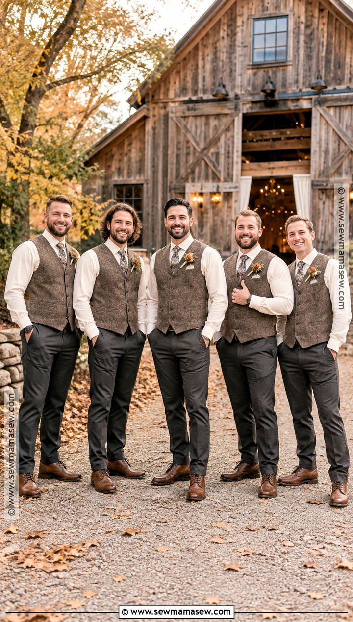 Brown Tweed Vest and Charcoal Trousers Groomsmen Attire - 15 casual fall groomsmen attire ideas