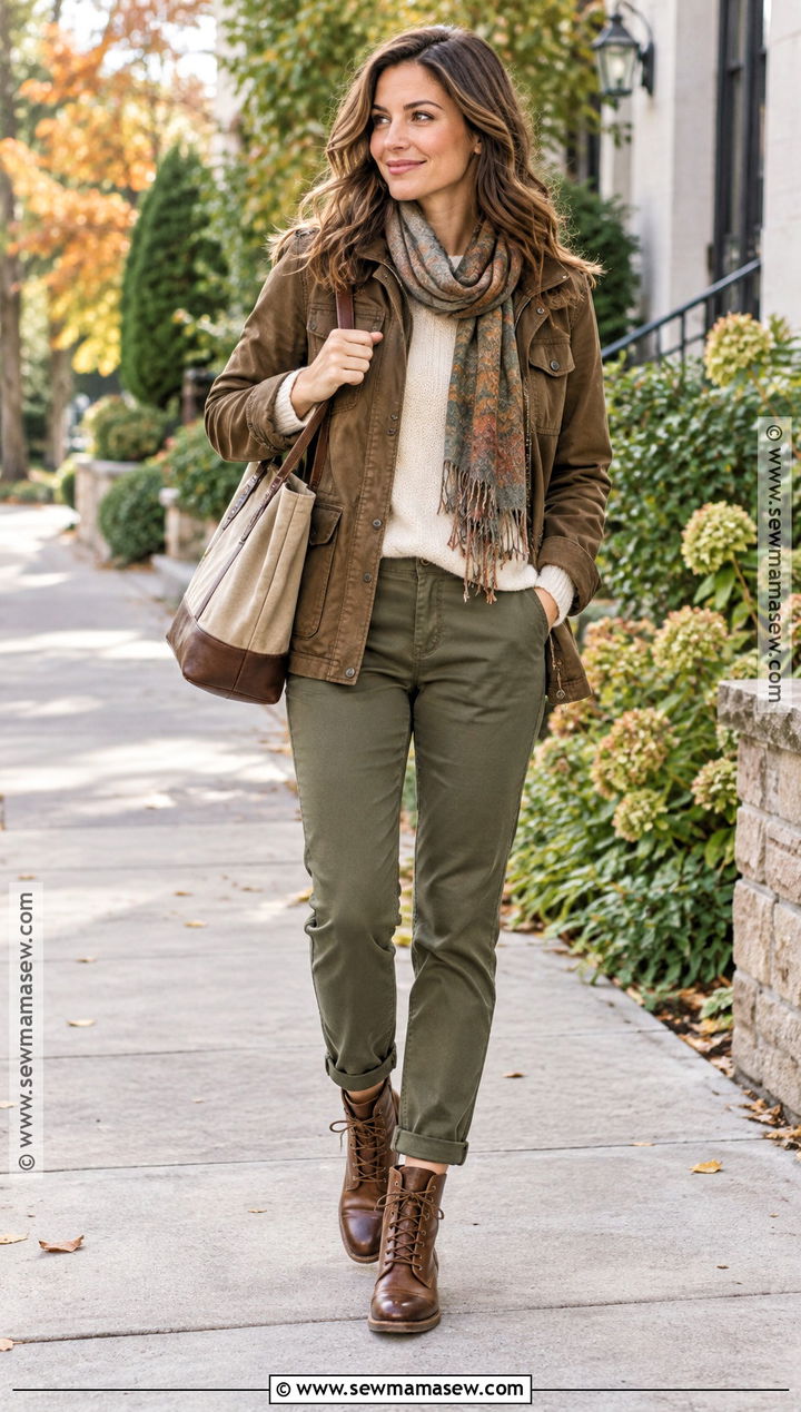 Brown Utility Jacket With Olive Pants - 25 fall outfits brown