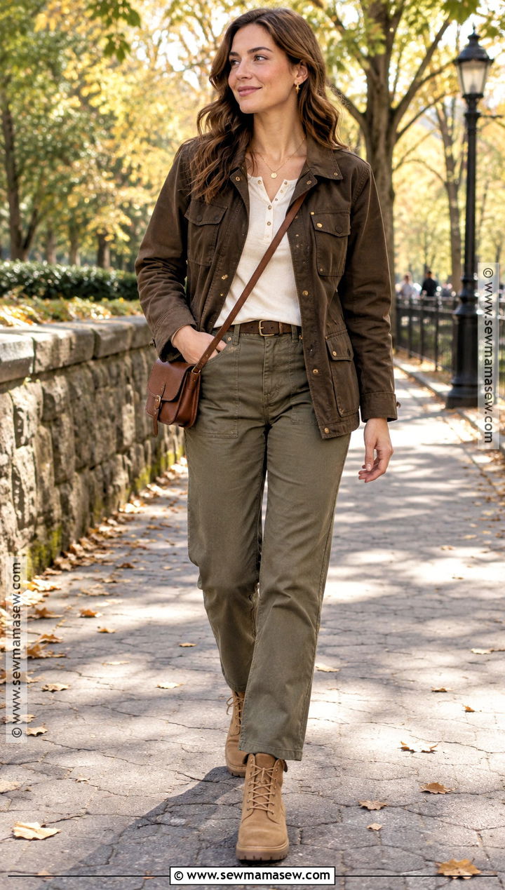 Brown Utility Jacket With Olive Pants - 20 brown fall jacket ideas