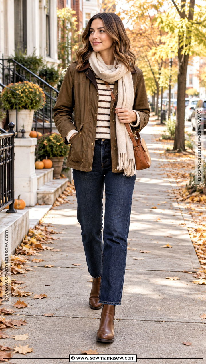 Brown Utility Jacket With Striped Sweater - 25 autumn outfits brown