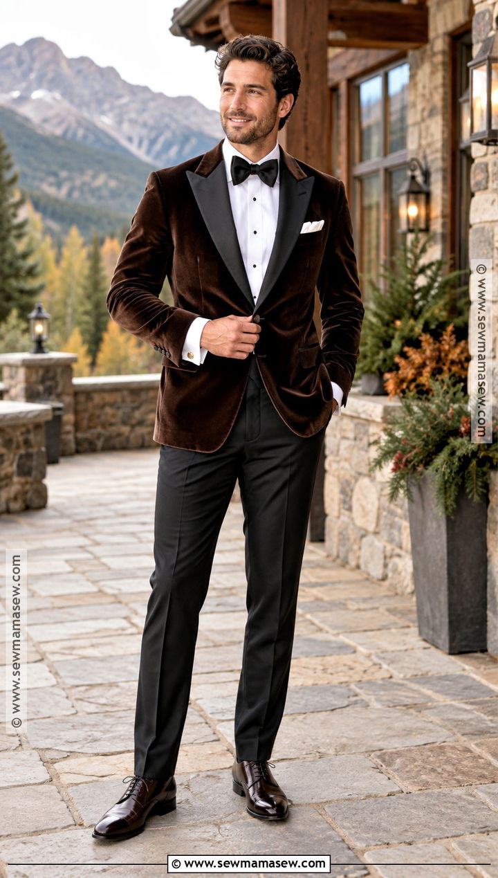 Brown Velvet Fall Wedding Tuxedo - 20 fall wedding tux groom attire ideas