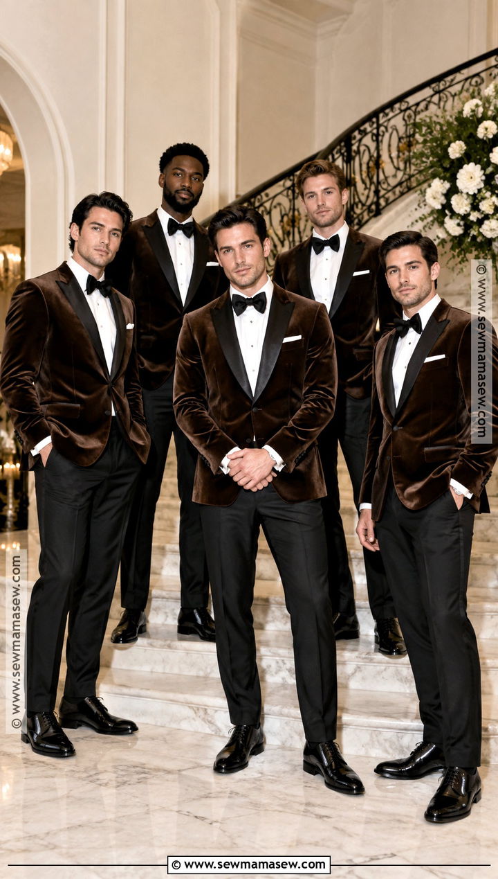 Brown Velvet Groomsmen Tuxedo With Black Bow Tie - 15 fall groomsmen attire brown ideas