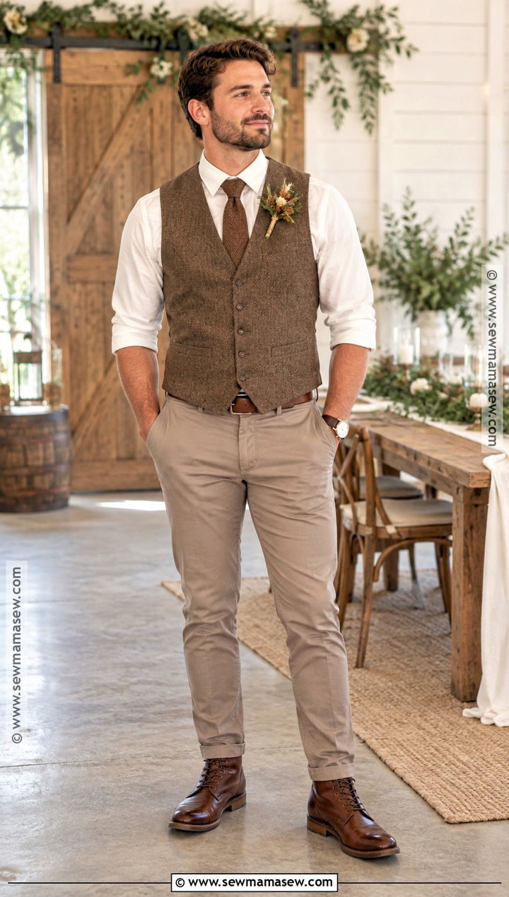Brown Vest And Chinos Groom Outfit - 15 casual groom attire fall ideas