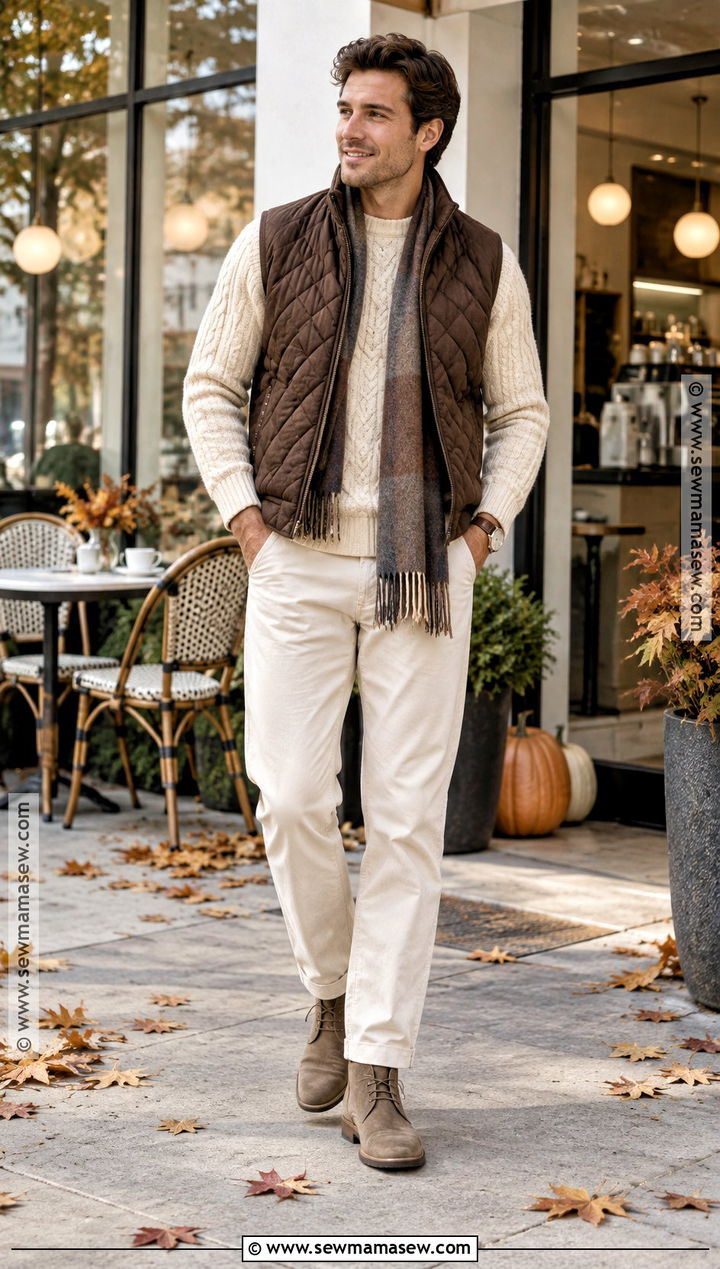 Brown Vest With Cable Knit Sweater and Ecru Jeans - 15 Mens Fall Vest Outfit Ideas