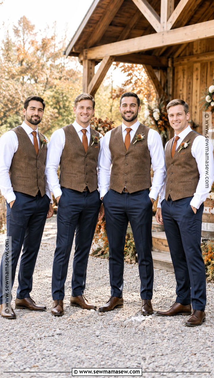Brown Waistcoats With Navy Trousers - 15 groomsmen attire autumn ideas
