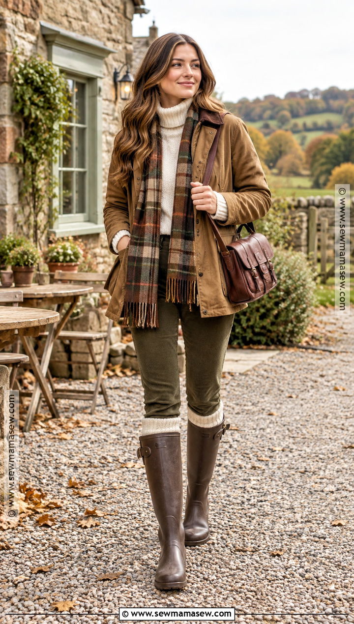 Brown Wellies With Corduroy Pants And Barn Jacket - 15 wellies outfit autumn ideas