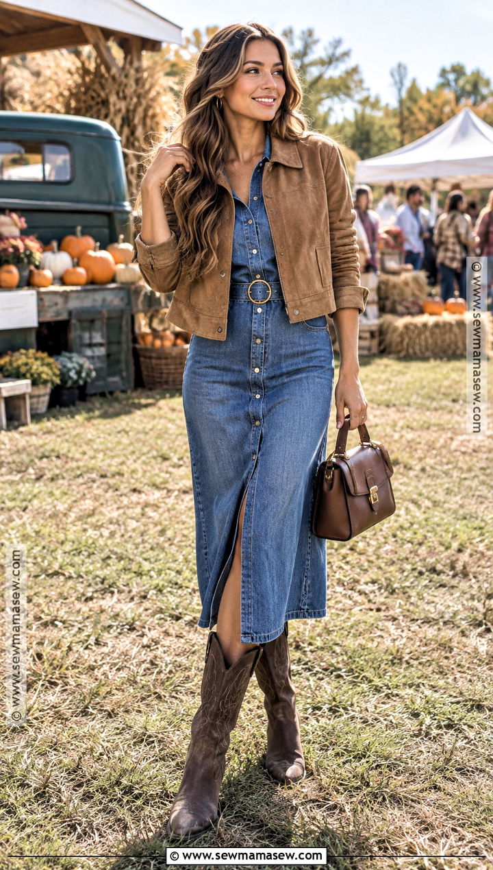 Brown Western Boots With Denim Dress And Suede Jacket - 20 brown boots fall outfits