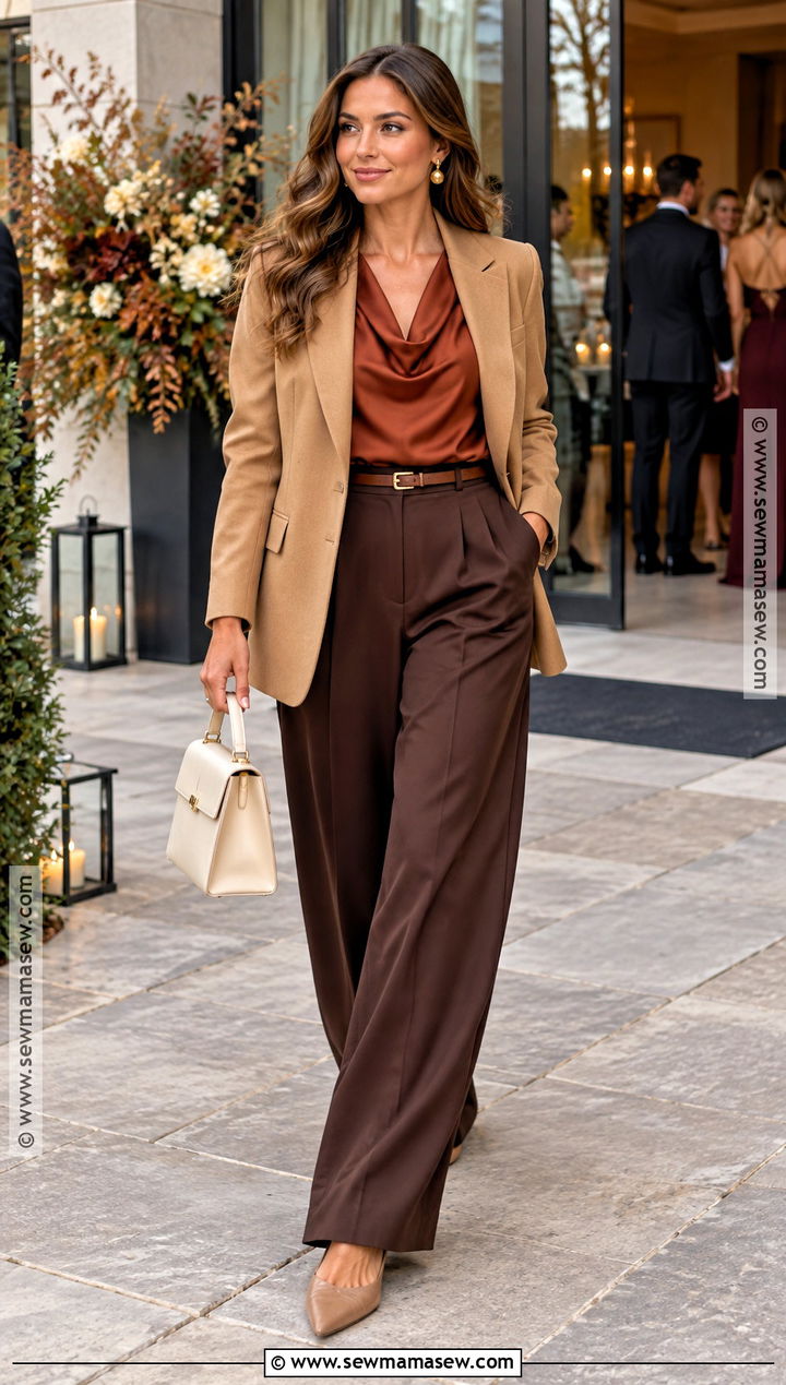 Brown Wide Leg Pants Fall Wedding Guest Outfit - 20 fall wedding guest dress casual ideas