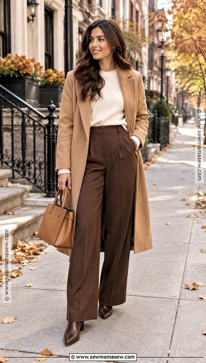 Brown Wide Leg Pants With Cream Sweater - 25 fall outfits pants