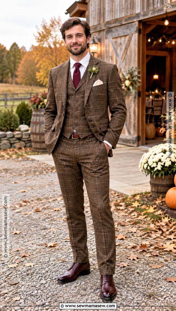 Brown Windowpane Suit Fall Groom Attire - 15 fall groom attire rustic ideas