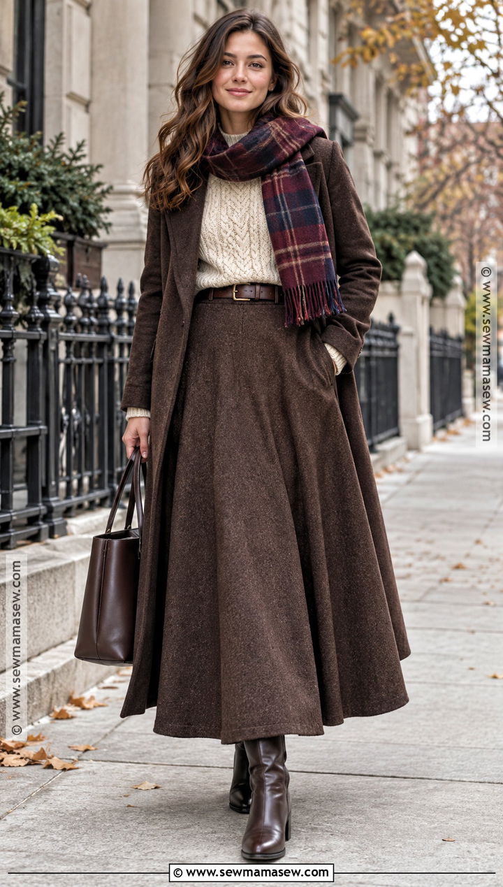 Brown Wool Maxi Skirt With Cable Knit Sweater And Boots - 25 brown skirt fall outfit ideas