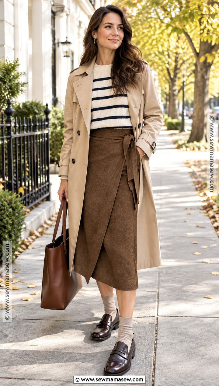 Brown Wrap Skirt With Striped Sweater And Loafers - 25 brown skirt fall outfit ideas