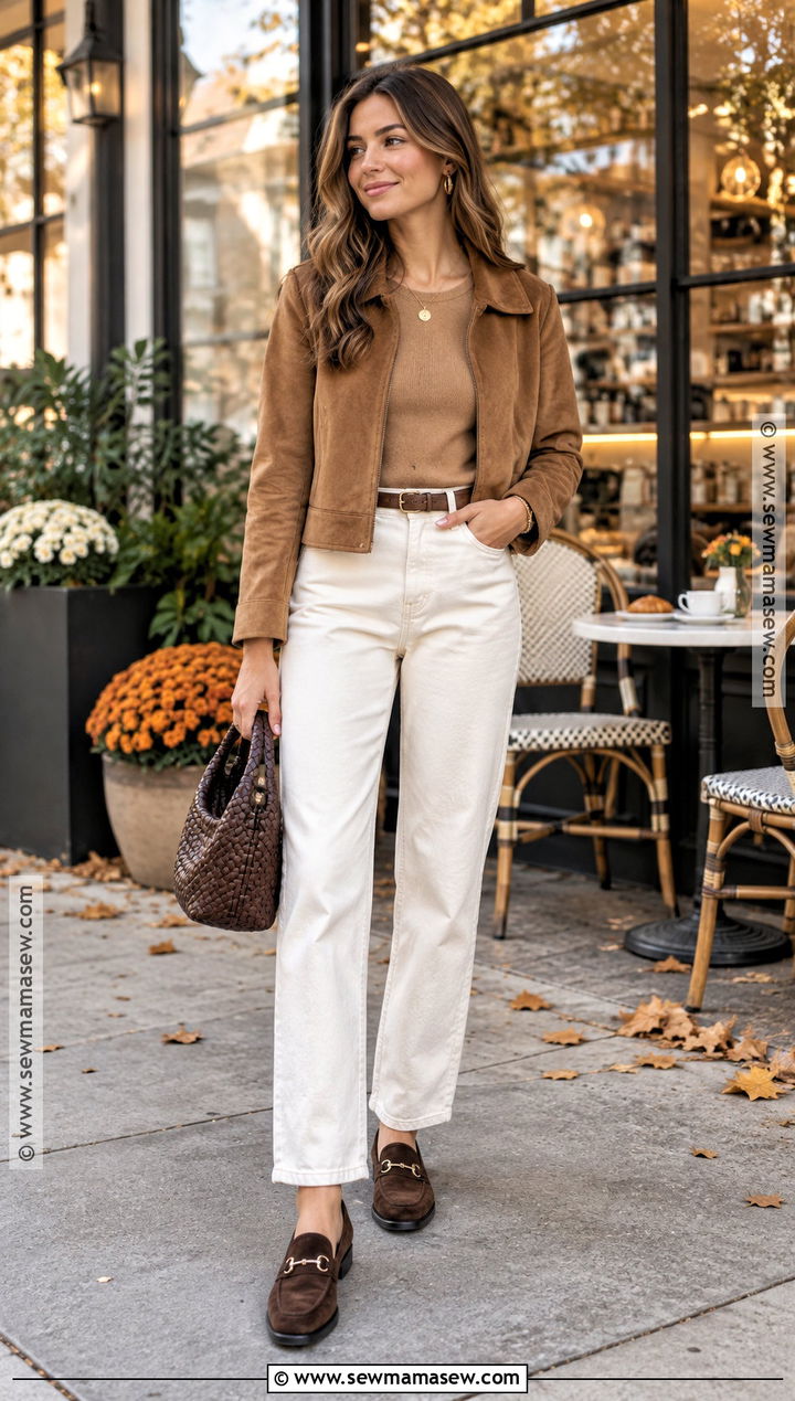 Brunch Fall Outfit With Suede Jacket And White Jeans - 15 25 Year Old Fall Fashion Ideas for Women
