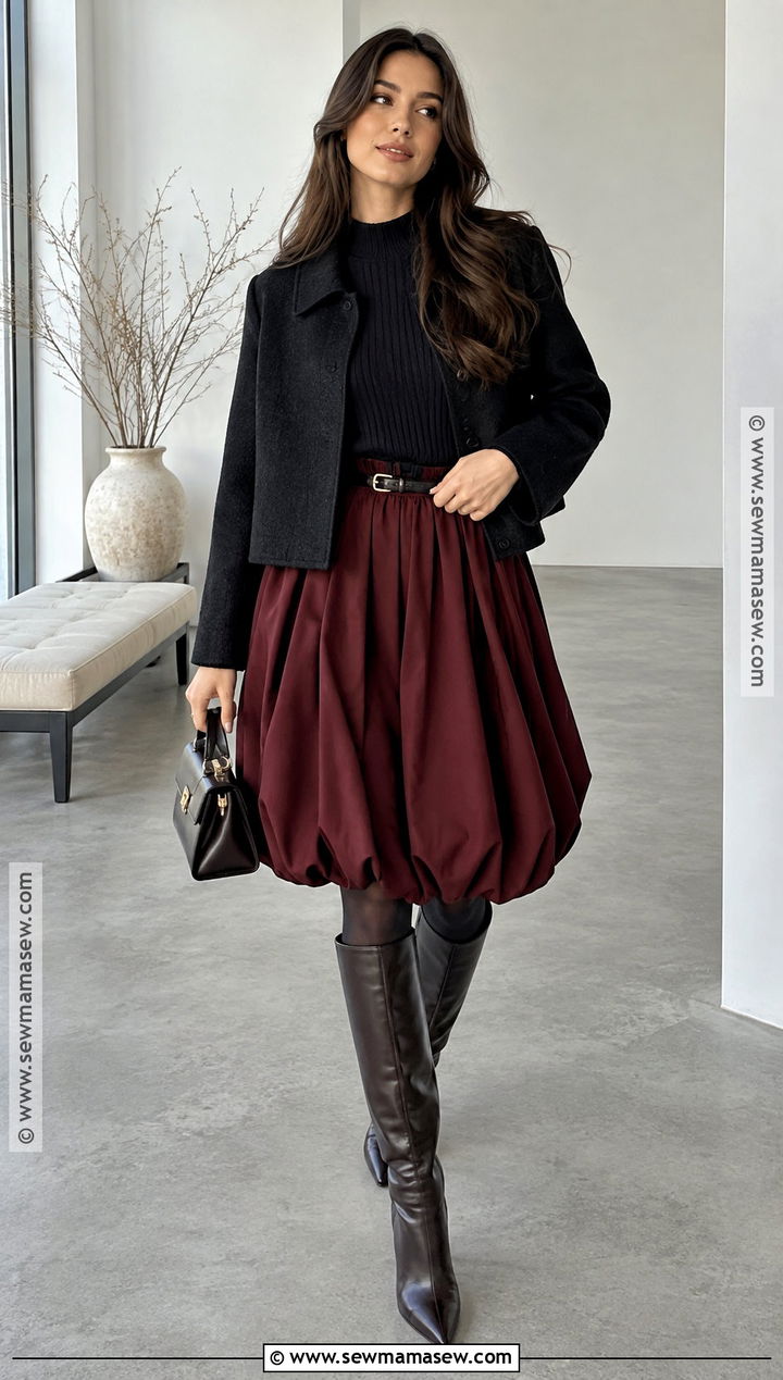 Bubble Hem Skirt and Fitted Sweater Outfit - 15 fashion trends 2026 fall winter