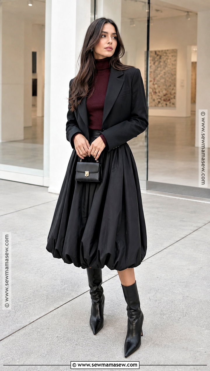 Bubble Midi Skirt And Heeled Boots Outfit - 15 Fall Skirts And Boots