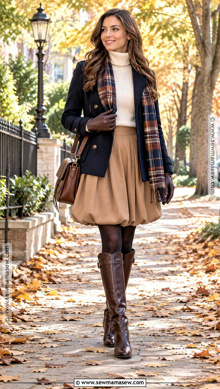 Bubble Skirt With Peacoat And Riding Boots - 15 fall bubble skirt outfit ideas