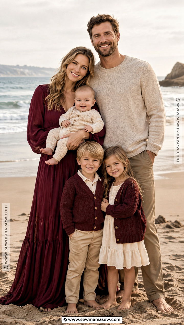 Burgundy And Beige Fall Beach Family Photo Outfits - 20 fall beach family photos outfits