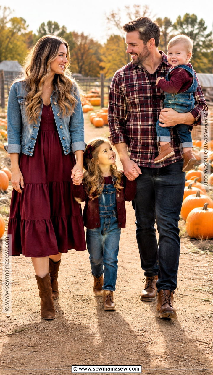 Burgundy And Denim Family Pumpkin Patch Outfit - 20 pumpkin patch outfit ideas for family