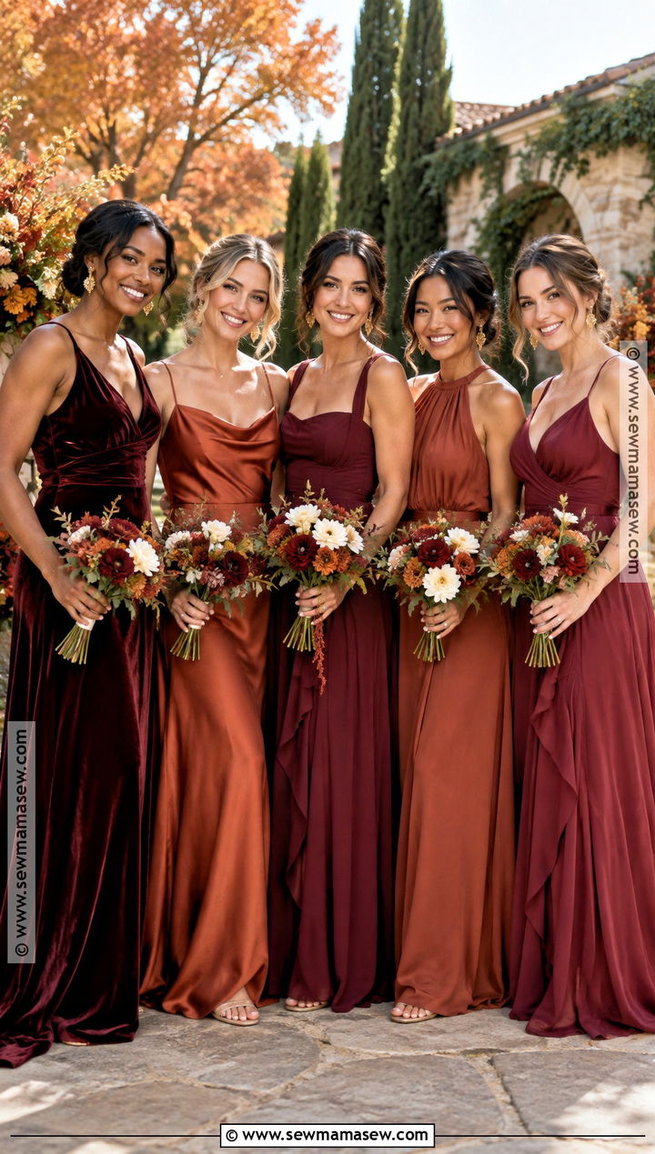 Burgundy And Rust Mismatch Bridesmaid Dresses - 15 Fall Mismatch Bridesmaid Dresses