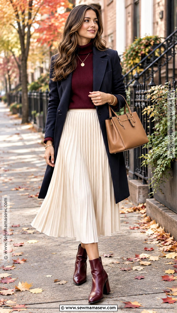 Burgundy Ankle Boots With Pleated Midi Skirt - 15 autumn ankle boots