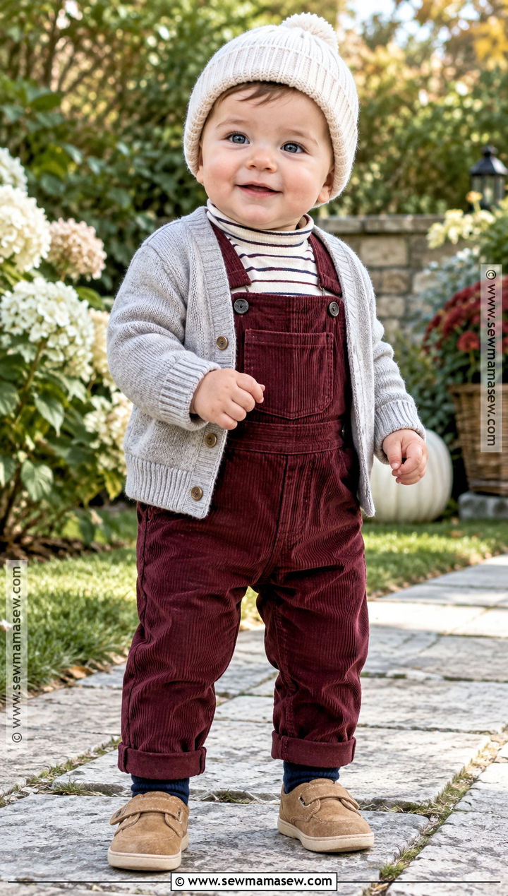 Burgundy Baby Boy Overalls With Striped Turtleneck - 15 baby boy overalls outfit fall