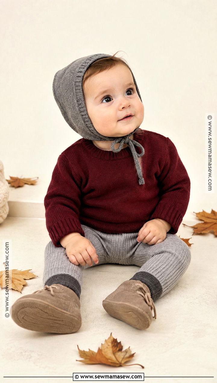 Burgundy Baby Sweater With Gray Leggings - 15 Cute Baby Sweater Fall Ideas