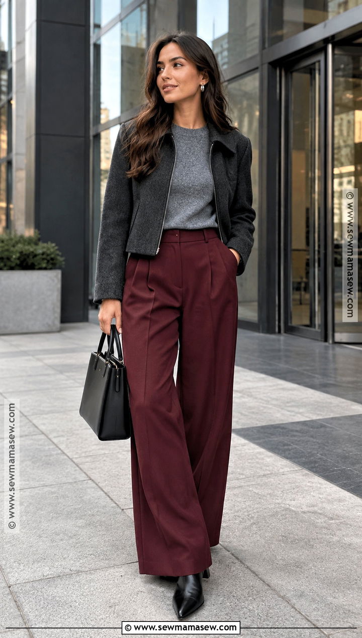 Burgundy Baggy Pants With Gray Sweater And Boots - 15 Fall Baggy Pants Outfit