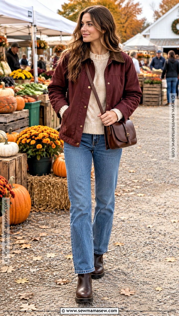 Burgundy Barn Jacket And Straight Leg Jeans Outfit - 15 fall fashion burgundy ideas