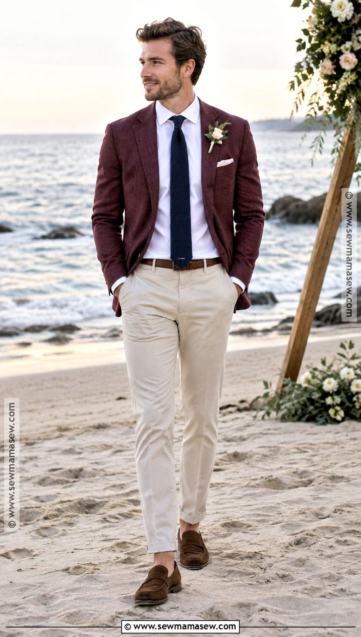 Burgundy Blazer And Beige Trousers For A Beach Wedding - 15 fall beach wedding groom attire ideas