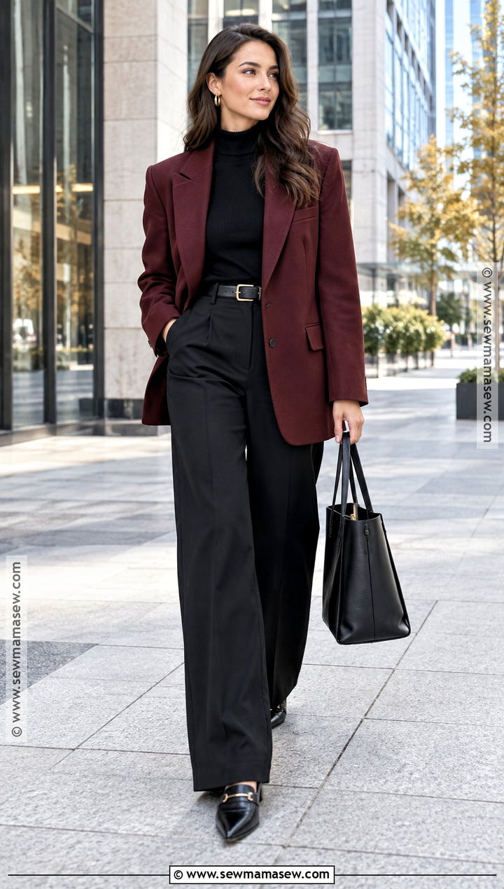 Burgundy Blazer And Black Trouser Outfit - 20 dark fall aesthetic outfits
