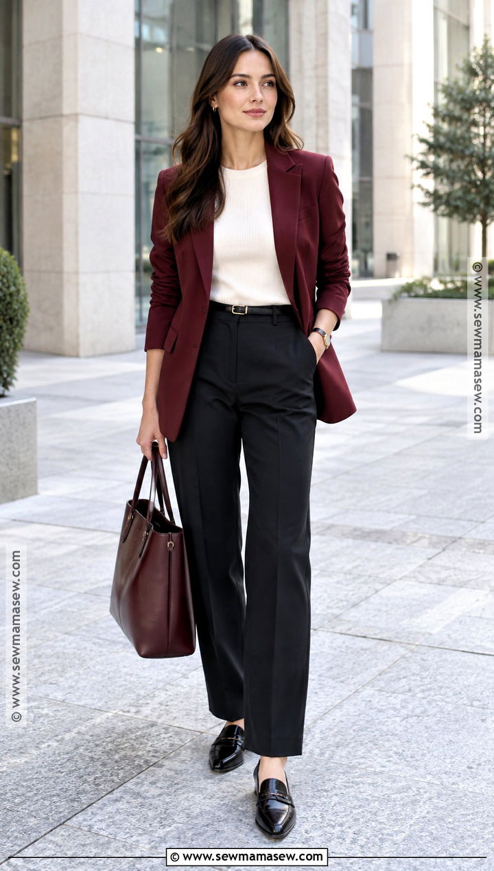 Burgundy Blazer And Black Trousers Outfit - 15 autumn red outfit ideas