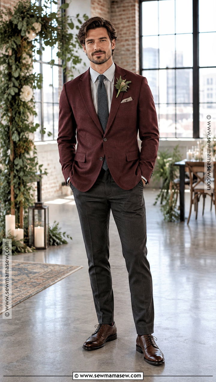 Burgundy Blazer And Charcoal Pants Groom Outfit - 15 casual groom attire fall ideas