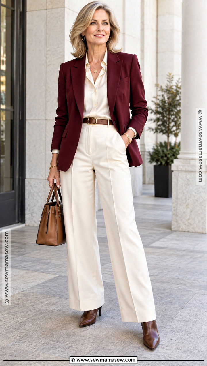 Burgundy Blazer And Cream Trousers Fall Outfit - 15 50S Fall Fashion Ideas
