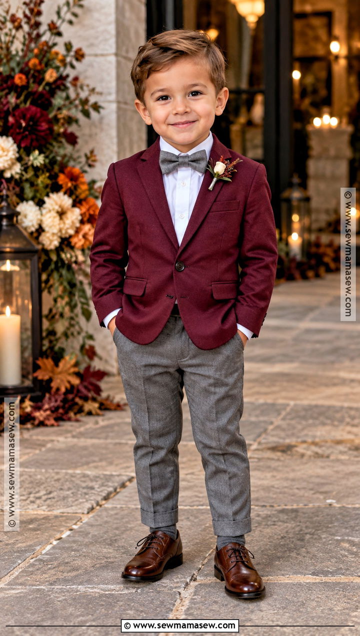 Burgundy Blazer And Gray Pants Wedding Outfit - 15 toddler boy wedding outfit fall ideas