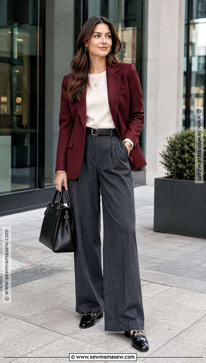 Burgundy Blazer And Gray Trousers Autumn Outfit - 20 Autumn Colour Palette Outfits